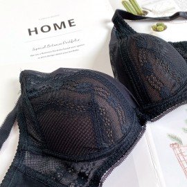 [預購]  深低脊心深V柔紗Push Up胸圍 - 黑色     [配褲須加購]