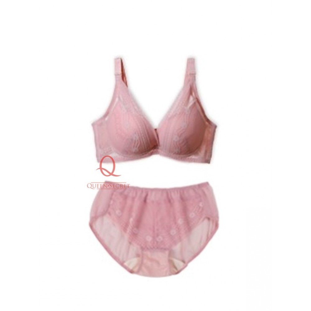 [預購]  深低脊心深V柔紗Push Up胸圍配襯褲 - 粉紅色