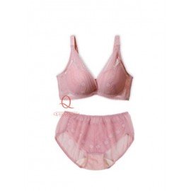 [預購]  深低脊心深V柔紗Push Up胸圍配襯褲 - 粉紅色