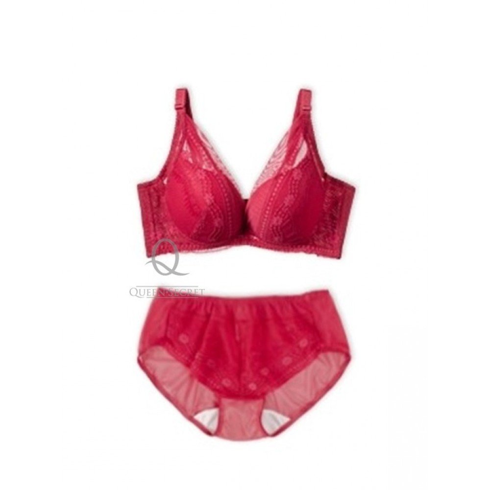 [預購]  深低脊心深V柔紗Push Up胸圍配襯褲 - 紅色