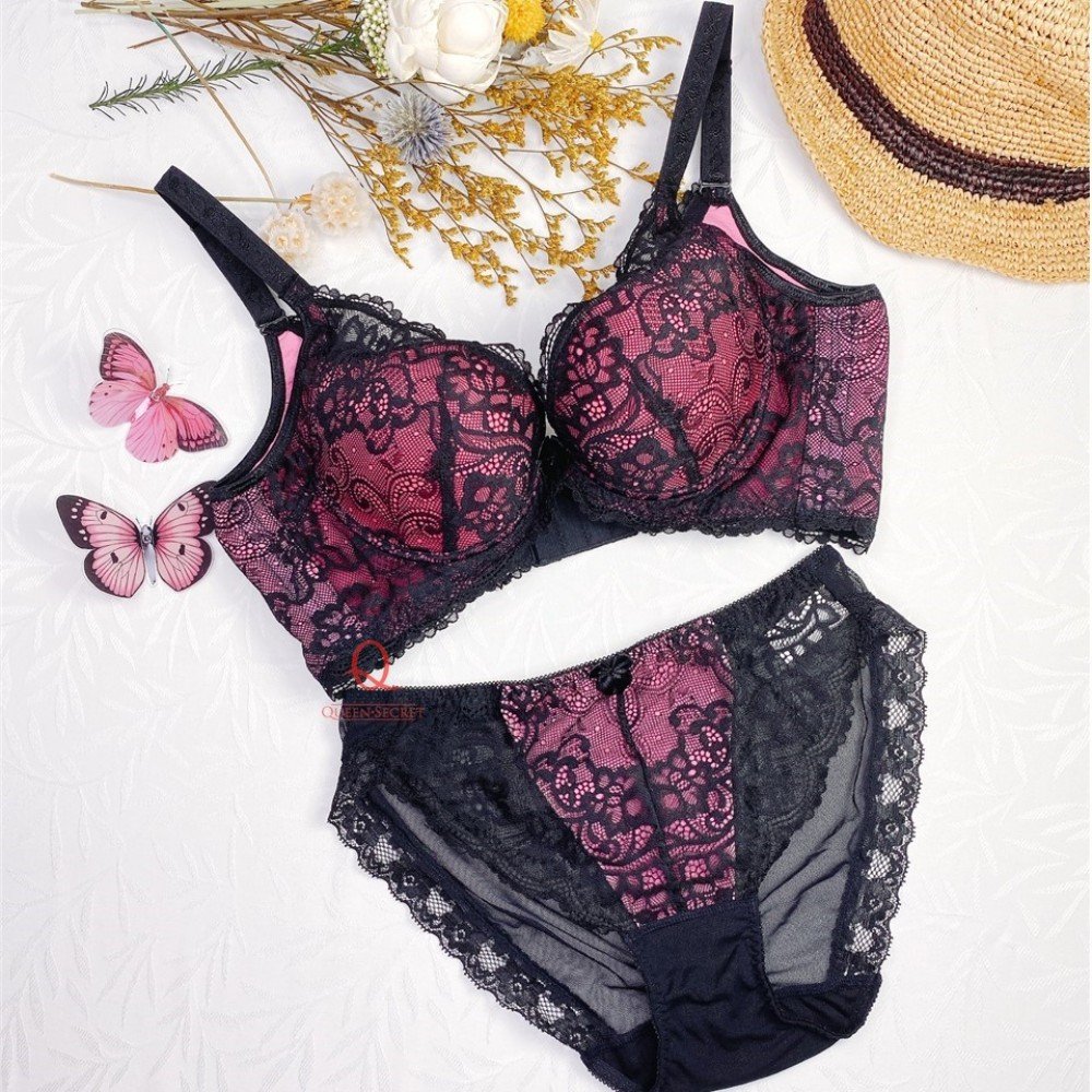 [現貨]  蕾絲軟鋼圈碳纖維胸圍配襯褲 - 紅黑色