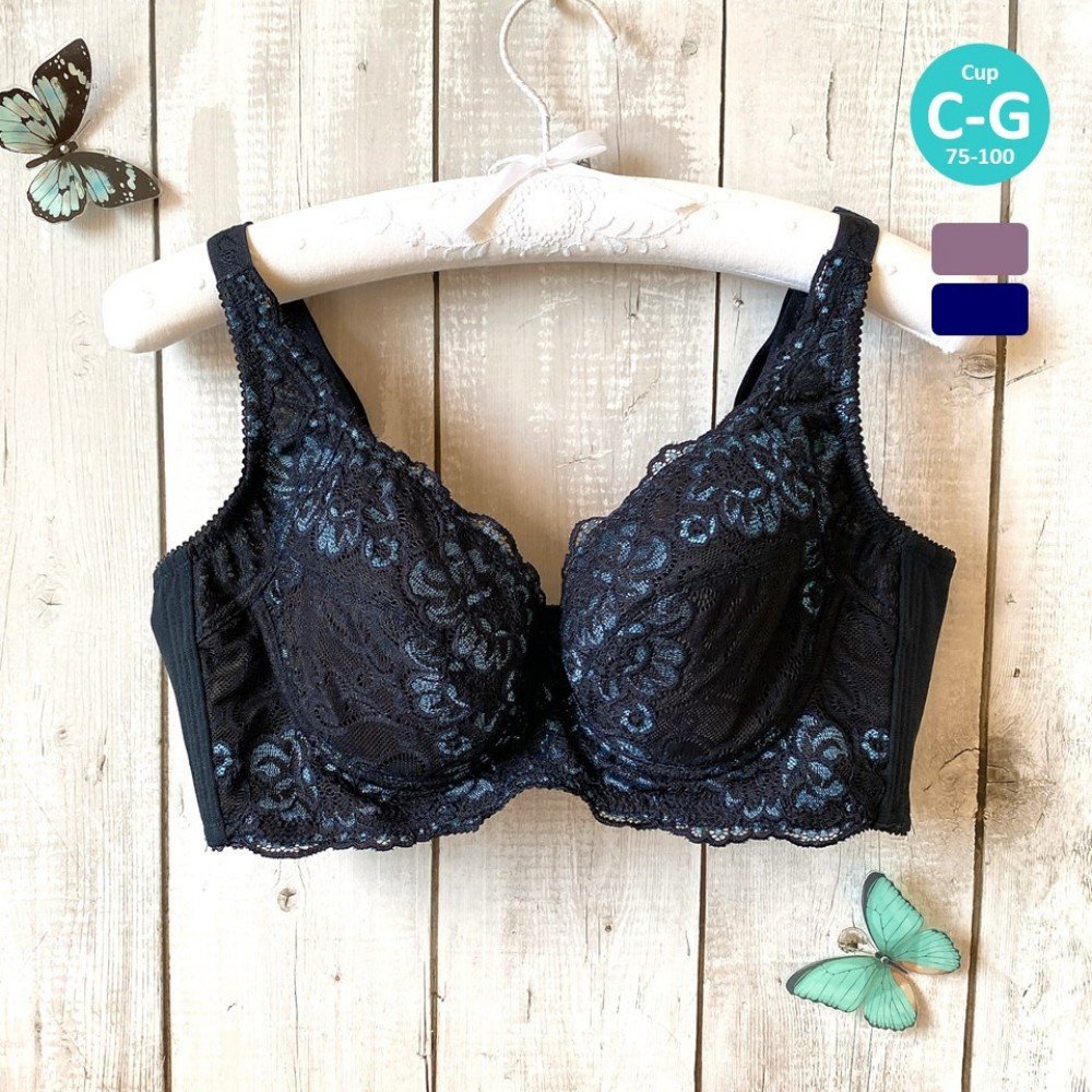 [預購]  大罩杯蕾絲鋼圈胸圍 - 深藍色     [配褲須加購]