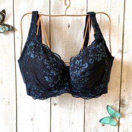[預購]  大罩杯蕾絲鋼圈胸圍 - 深藍色     [配褲須加購]