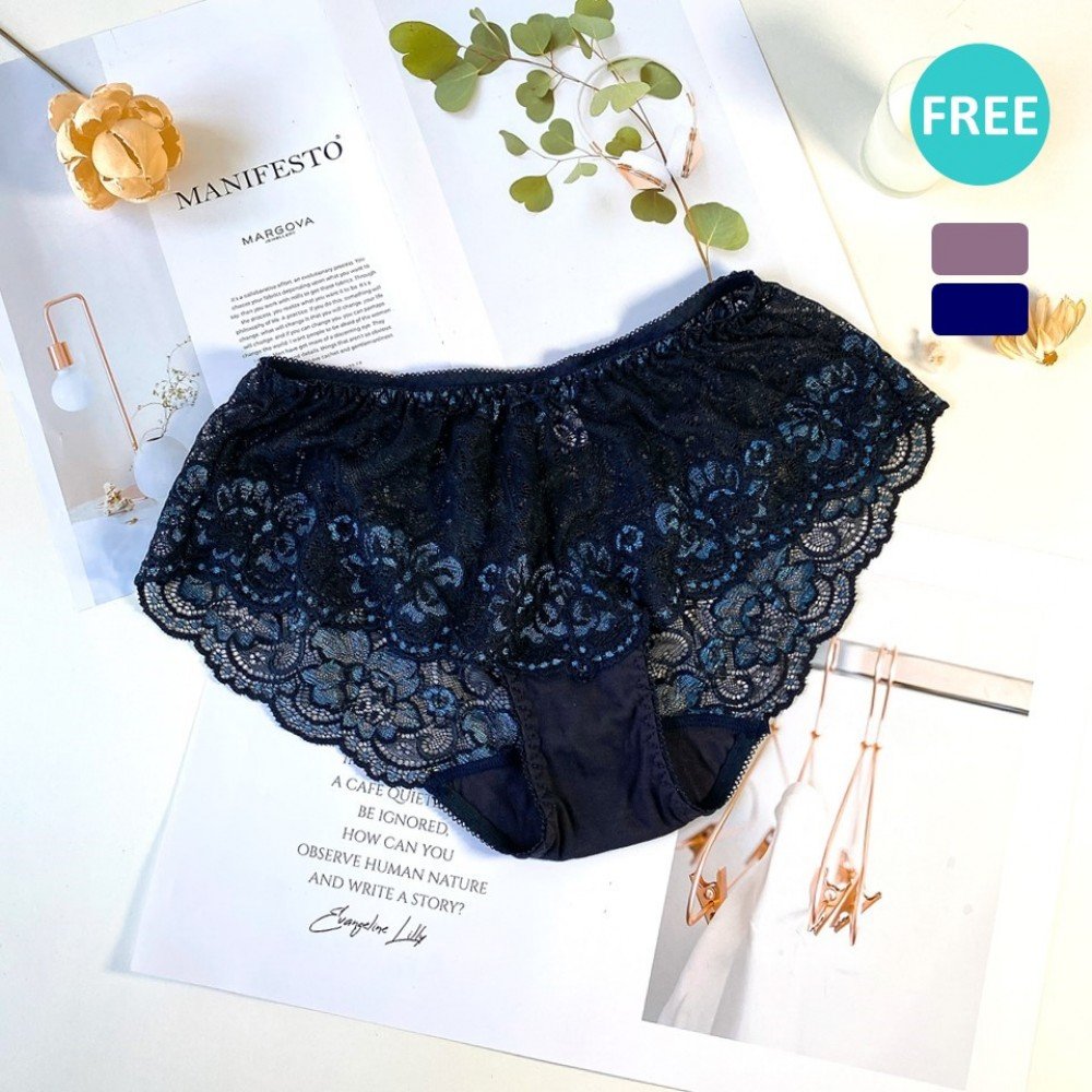 [預購]  大罩杯蕾絲鋼圈胸圍配襯褲 - 藍色
